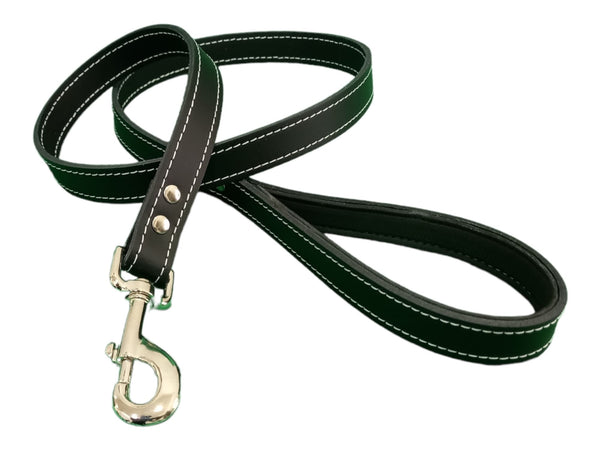 Black Dog Lead with metal chrome buckle and white stitching on leather . Two round studs on the lead.